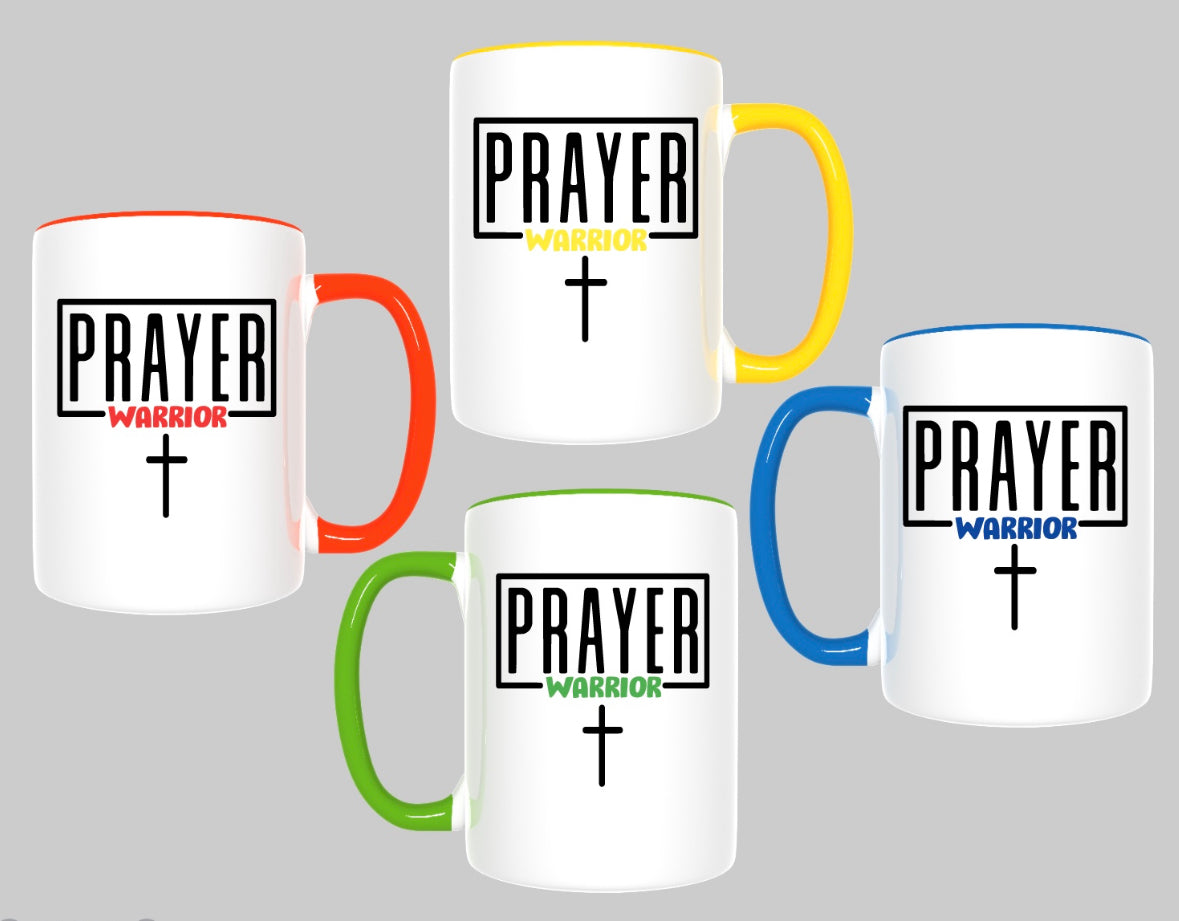 Prayer Warrior Coffee Cups, mugs, red, yellow, blue, green