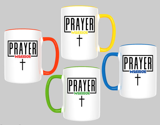 Prayer Warrior Coffee Cups, mugs, red, yellow, blue, green